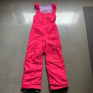 Columbia snow pants / ski bibs - raspberry color with lavender fleece